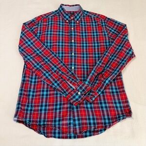 American Eagle Button Up Shirt Mens Medium Prep Fit Long Sleeve Red Blue Plaid